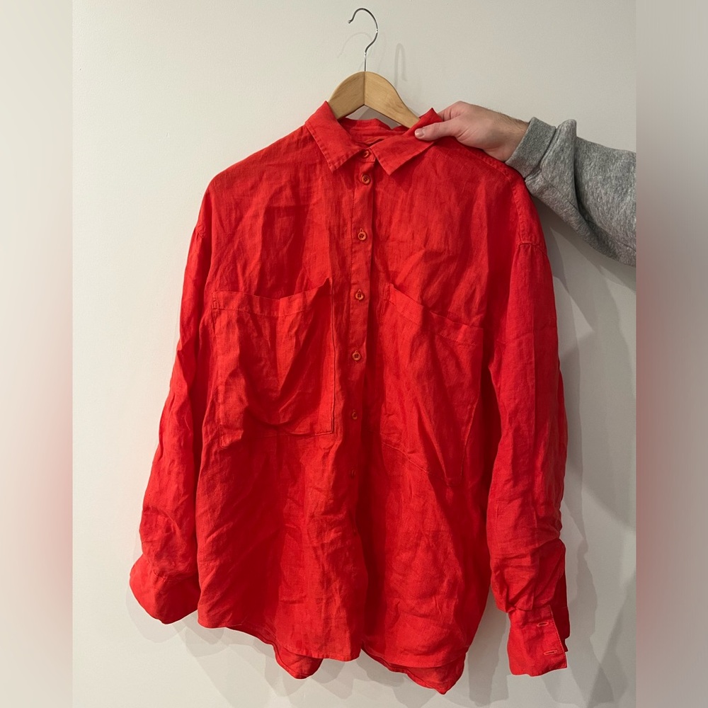 Left On Friday Red Linen Button-Up Blouse